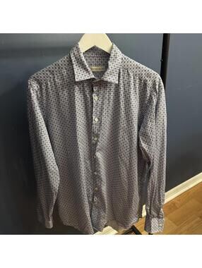 Etro 42 Men’s Button Up Shirt Geometric Print Blue Brown Made in Italy